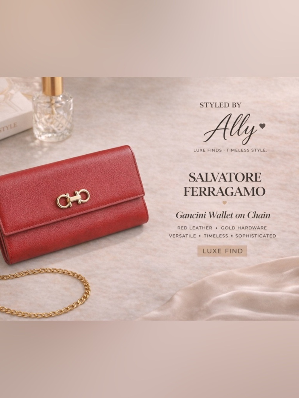 Salvatore Ferragamo Gancini Wallet on Chain Red Leather Gold Crossbody